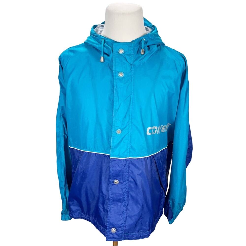 Vtg Converse Blue Color Block Windbreaker 90s Hooded Mesh Lined Jacket Sz‎ Large